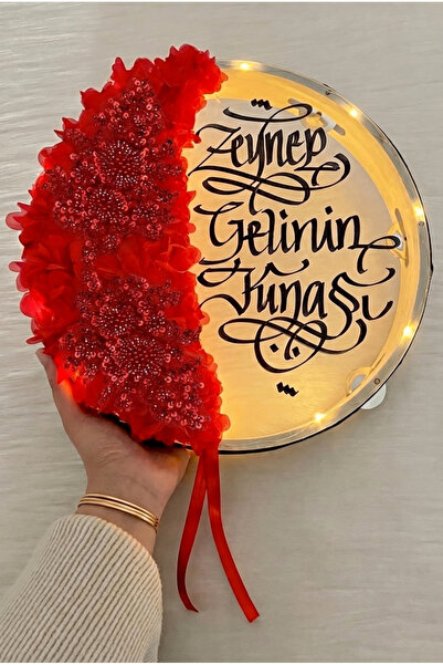 ZEYMERADE Kırmızı Ledli Şeffaf Gelin Tefi 32cm, Işıl Işıl Vip Güpürlü Ve 3d Ç...