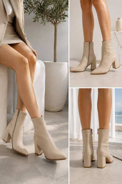 İncimoda Women's Pointed Toe Mid-Heel Beige Skin