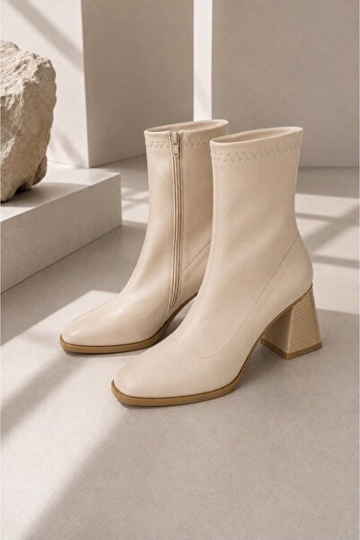 İncimoda Women's Beige Blunt Toe Heeled Boots
