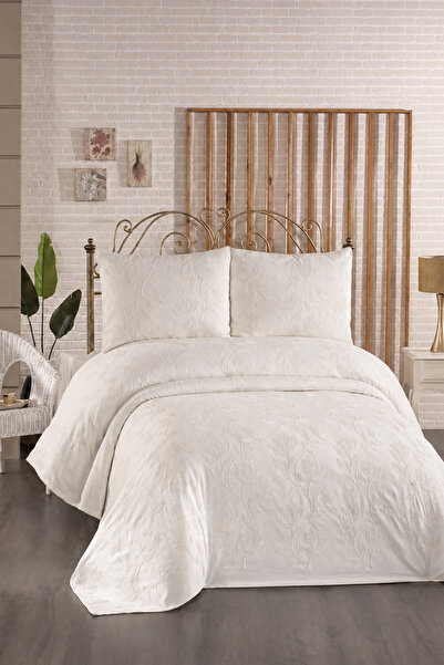Çeyiz Diyarı Romeo Embroidered Chenille 3-Piece Double Bedspread Cream