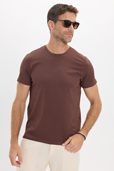 Tudors Men's Slim Fit Cotton Soft Texture Flexible Fabric Basic Brown Crew Ne...