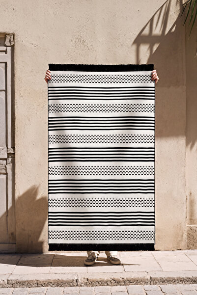Cool Halı Lovely Krem Siyah Kilim Yıkanabilir Çift Taraflı Dokuma Akrilik İnc...