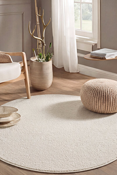 Cool Halı Puffy Yuvarlak Krem Rengi Modern Kalın Dokuma Peluş Giyinme Yatak O...