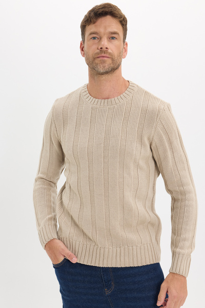 Tudors Men's Standard Fit Regular Cut Crew Neck Patterned Light Mink Sweater