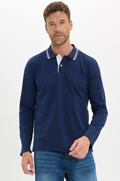 Tudors Men's Slim Fit 100% Cotton Long Sleeve Navy Blue Polo Collar T-Shirt