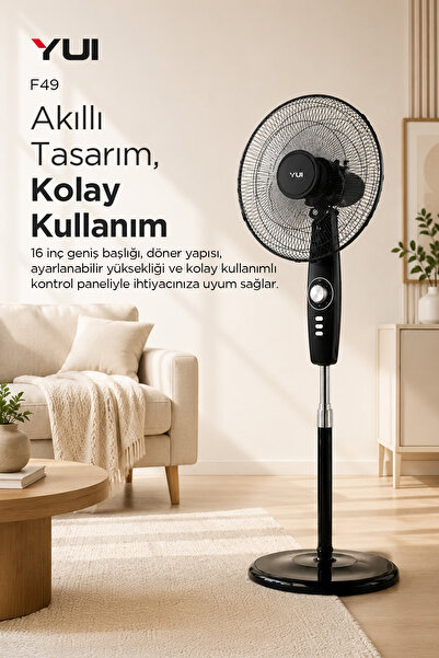 Yui F49 Siyah 16 Inç 50W 4 Kademe 5 Pervane Döner Başlıklı Vantilatör