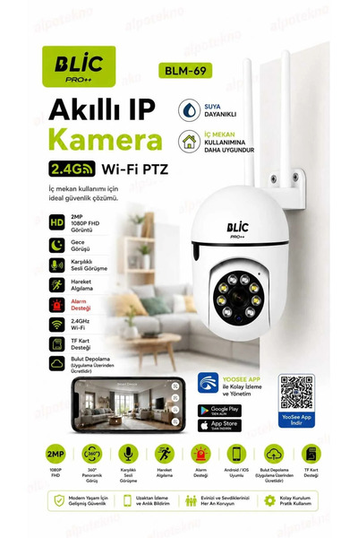 Blic PRO++ BLM-69 2MP 1080P Akıllı IP Kamera WiFi PTZ 360° Dönebilen Gece Gör...