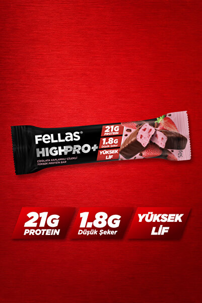 Fellas Çikolata Kaplı HighPro+ Protein Bar - Çilekli (50 g) - 12 Adet