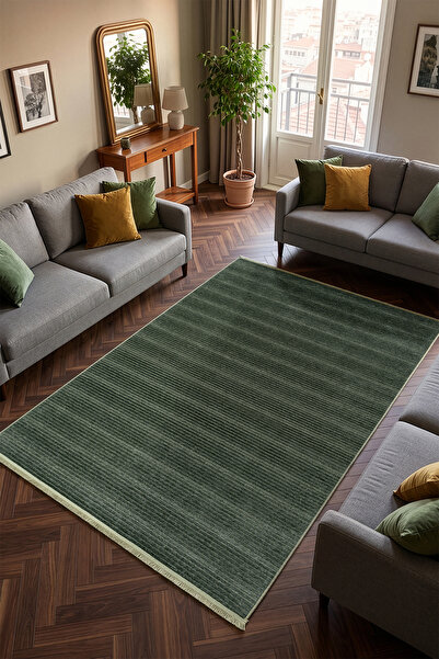 Koza Halı Stripe Yeşil Kaymaz Taban Tozumaz Halı Kilim Yolluk Salon Oturma Od...
