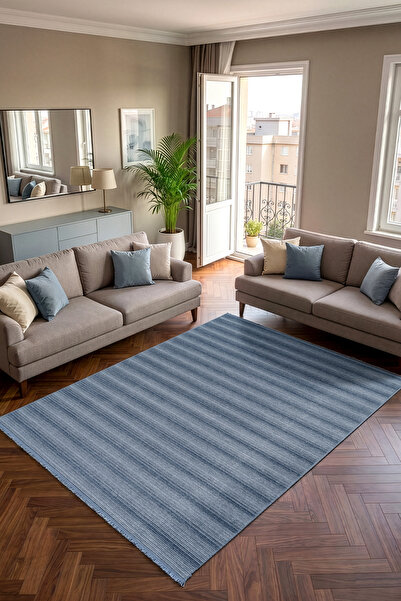 Koza Halı Stripe Mavi Kaymaz Taban Tozumaz Halı Kilim Yolluk Salon Oturma Oda...