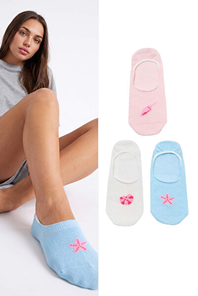 Trendyol Kollektion Ecru-blaue 3-teilige Baumwoll-Muschel-Ballerina-Socken TH...