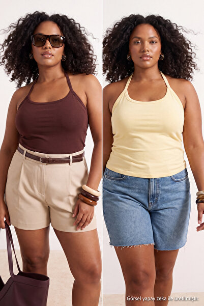 Trendyol Curve Yellow-Brown Halter Neck Flexible Knitted Plus Size Athlete Tb...