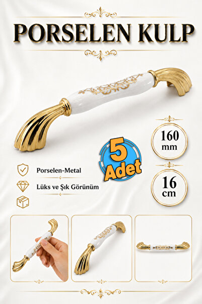 Badem10 (5 Adet) Goldya Porselen Beyaz Gold 160 mm 16 cm Mobilya Çekmece Mutf...