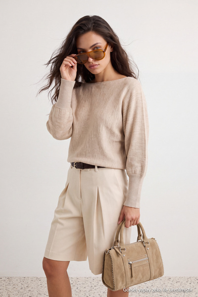 Trendyol Collection Stone Wide Pattern Batwing Sleeve Boat Neck Knitwear Swea...