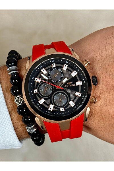 FERRO Burgundy Silicone Cord Men's Wristwatch Fm11572D-Zt2 Functions Active 3...