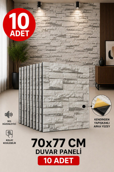Renkli Duvarlar 10 Adet 70-77cm Gri Taş Desen Yapışkanlı Duvar Kağıdı Panel N...