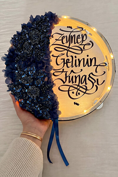 ZEYMERADE Lacivert Ledli Şeffaf Gelin Tefi 32cm, Işıl Işıl Vip Güpürlü Ve 3d ...