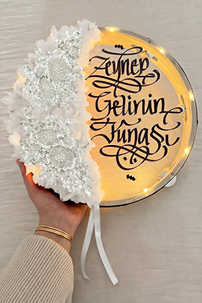 ZEYMERADE Beyaz Ledli Şeffaf Gelin Tefi 32cm, Işıl Işıl Vip Güpürlü Ve 3d Çiç...