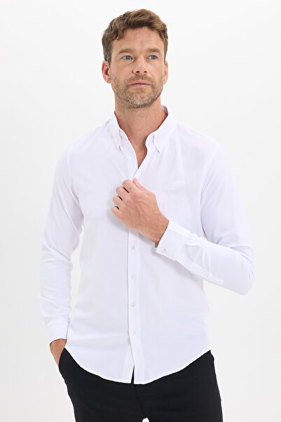 Tudors Men's Slim Fit Slim Fit Plain Oxford Embroidered Button-Down Collar Wh...