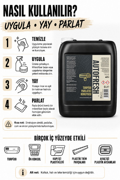AutoFresh TORPİDO PARLATICI ARAÇ OTO GÖGÜSLÜK KONSOL PARLATICI 5 LT MİKROFİBER BEZ HEDİYELİ
