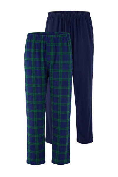 Trendyol Collection Navy Blue Plaid and Plain 2-Pack Knitted Pajama Bottoms T...