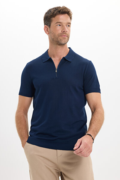Tudors Men's Slim Fit 100% Cotton Knitted Knitwear Zippered Navy Blue Polo Co...