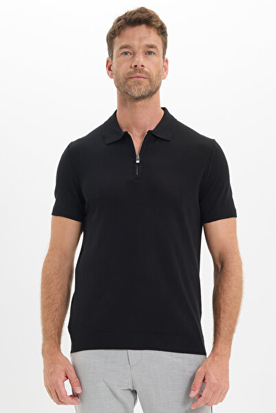 Tudors Men's Slim Fit 100% Cotton Knitted Knitwear Zippered Black Polo Neck T...