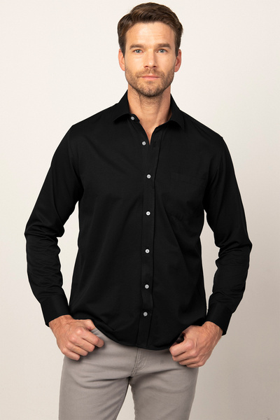 Tudors Men's Regular Fit Classic Cut Cotton Single Pocket Dobby Black Shirt
