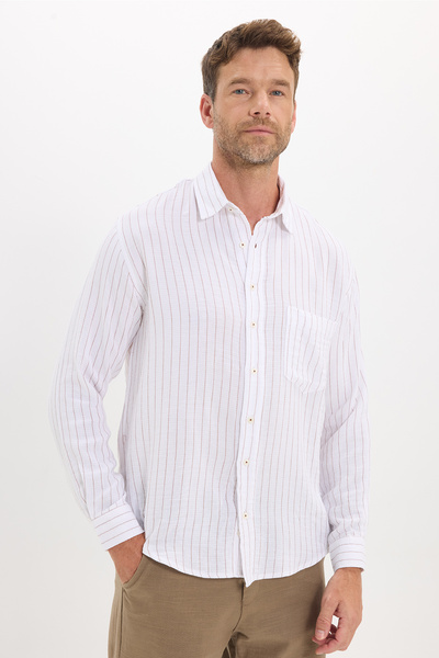 Tudors Men's Relax Fit Comfortable Cut Striped Pocketed Muslin Fabric Linen T...