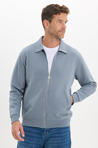 Tudors Unisex Relax Fit Rahat Kesim Pamuklu İç Polarlı Fermuarlı Gri Polo Yak...