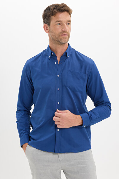 Tudors Men's Regular Fit Classic Cut Solid Neck Buttoned Navy Blue Shirt with...