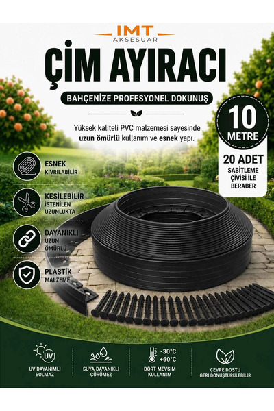 İMT AKSESUAR Esnek PVC Çim Ayırıcı Bahçe Peysaj Düzenleyici (10 Metre Siyah) ...