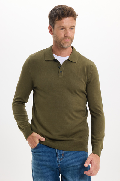Tudors Men's Standard Fit Regular Cut Cotton Polo Neck Khaki Sweater