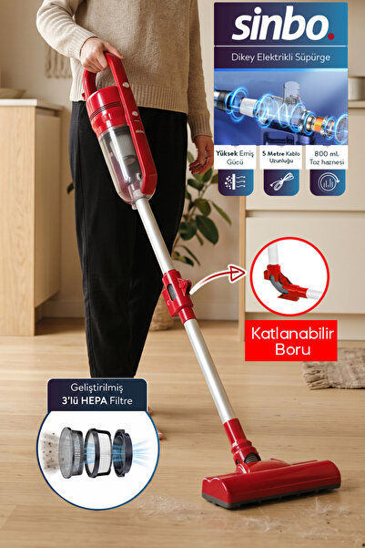 Sinbo SVC-8625 Pratic Kırmızı Dikey Elektrikli Süpürge Katlanır Borulu, El Sü...