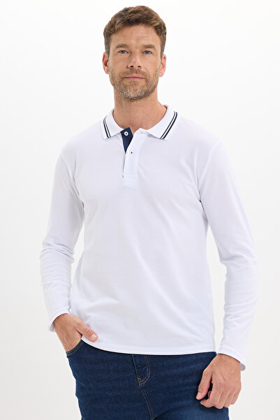 Tudors Men's Slim Fit 100% Cotton Long Sleeve White Polo Collar T-Shirt