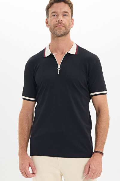 Tudors Men's Slim Fit 100% Cotton Short Sleeve Half Zip Black Polo Collar T-S...