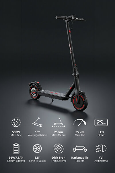 Piranha 5010 500W Elektrikli Scooter | 36V 7.8Ah Pil | LED Aydınlatma | LCD Ekran | Katlanabilir | Uygulama