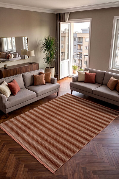 Koza Halı Stripe Terra Kaymaz Taban Tozumaz Halı Kilim Yolluk Salon Oturma Od...