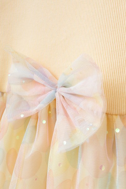 Minipodyum Girl's Dress with Buckle and Tulle Bow Detail