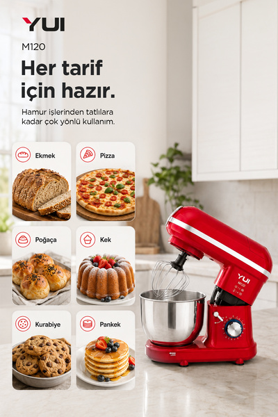 Yui M120 Multi-fonksiyonel 3'ü Bir Arada Stand Mikser Kıyma Setli Ve Blender Özellikli Kırmızı
