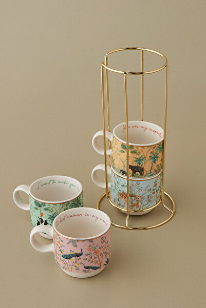 Karaca Lavinya Set of 4 Mug Set with Stand