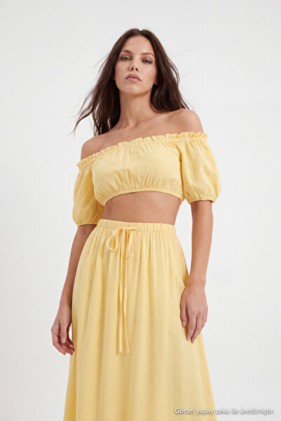 Trendyol Collection Beachwear Yellow Woven Midi High Waist Blouse-Skirt Set T...