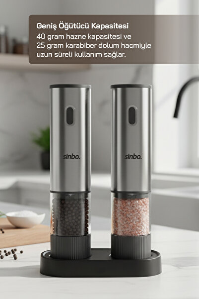 Sinbo SHB-7521 Otomatik Tuz ve Karabiber Öğütücü Seti Standlı Type-C Şarjlı Ayarlanabilir Öğütme