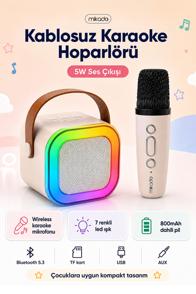 Mikado MD-27BT Naos Krem USB+TF+Bluetooth Wireless Karaoke Mikrofonlu 5W 800m...