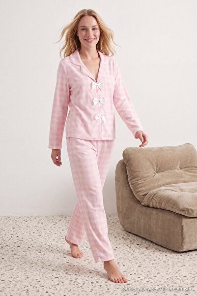 Trendyol Collection Pink-Multicolor Plaid Ribbon/Bow and Piping Detailed Visc...
