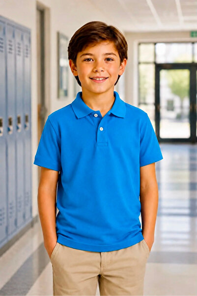 LUCEVERA Unisex Kids Blue Polo Collar School T-Shirt 100% Cotton