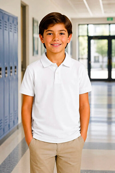 LUCEVERA Unisex Kids White Polo Collar School T-Shirt 100% Cotton