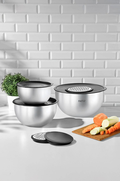 Nehir Silver Çelik Saten 9 Parça Rendeli Karıştırma Kabı Takımı