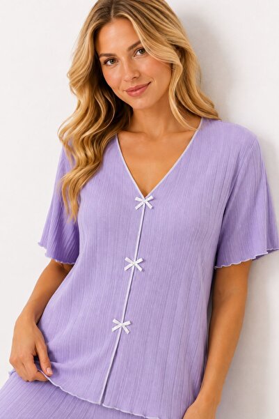BELLA NOTTE Lilac Short Sleeve V-Neck Cotton Bow Pajama Set