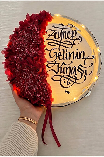 ZEYMERADE Bordo Ledli Şeffaf Gelin Tefi 32cm, Işıl Işıl Vip Güpürlü Ve 3d Çiç...